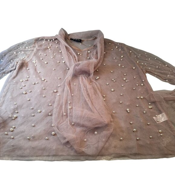 The Moon Pearl Sheer Mesh Blouse Womens Scarf Balloon Long Sleeve High Neck - Picture 1 of 16